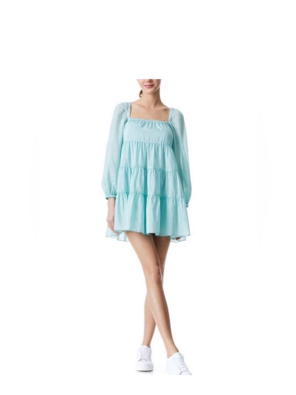 NWT Alice + Olivia Mint Blue Tiered Mini Dress with Puff Sleeves Size S